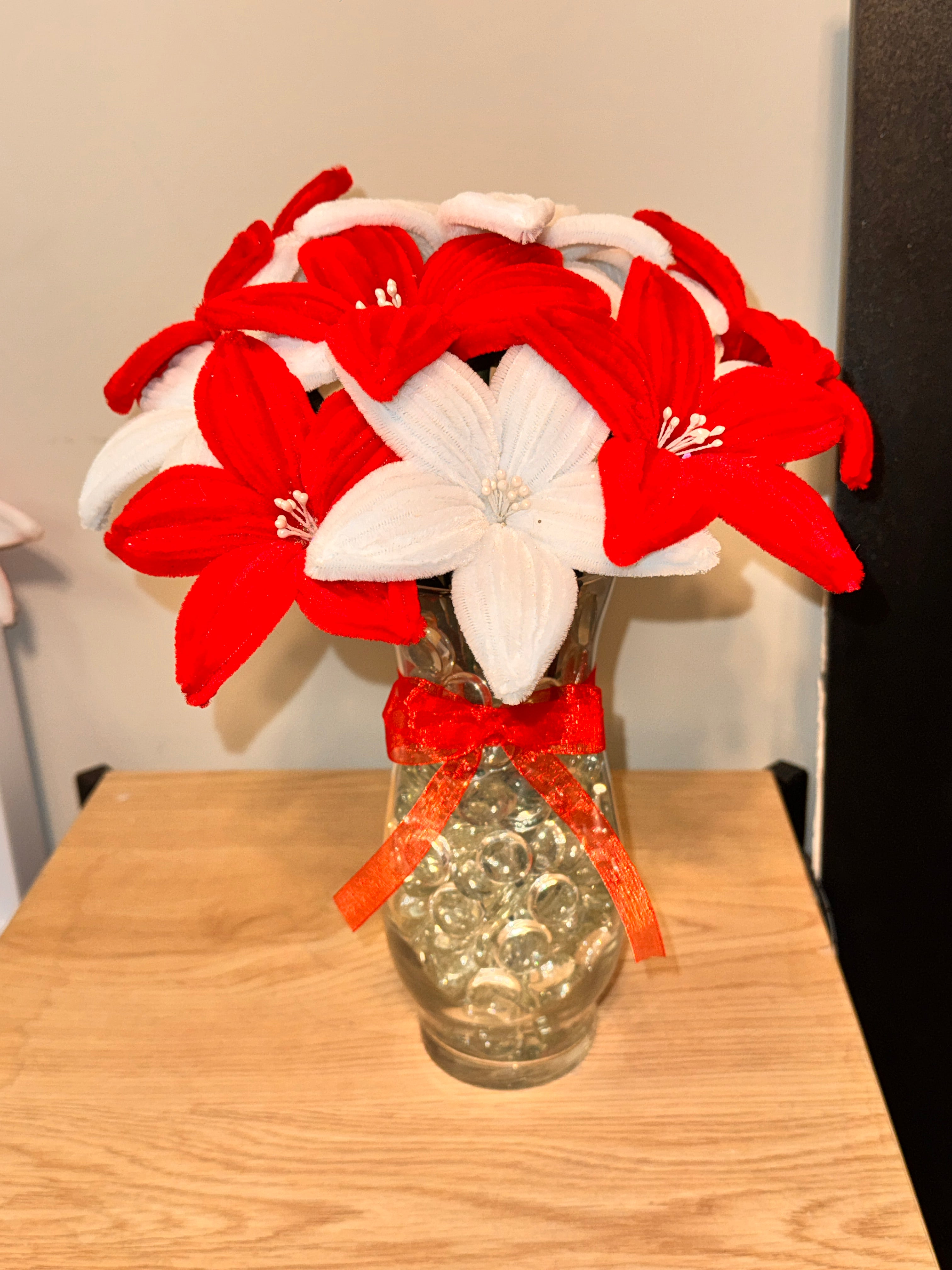 Red & White Lily Arrangement in Glass Vase
