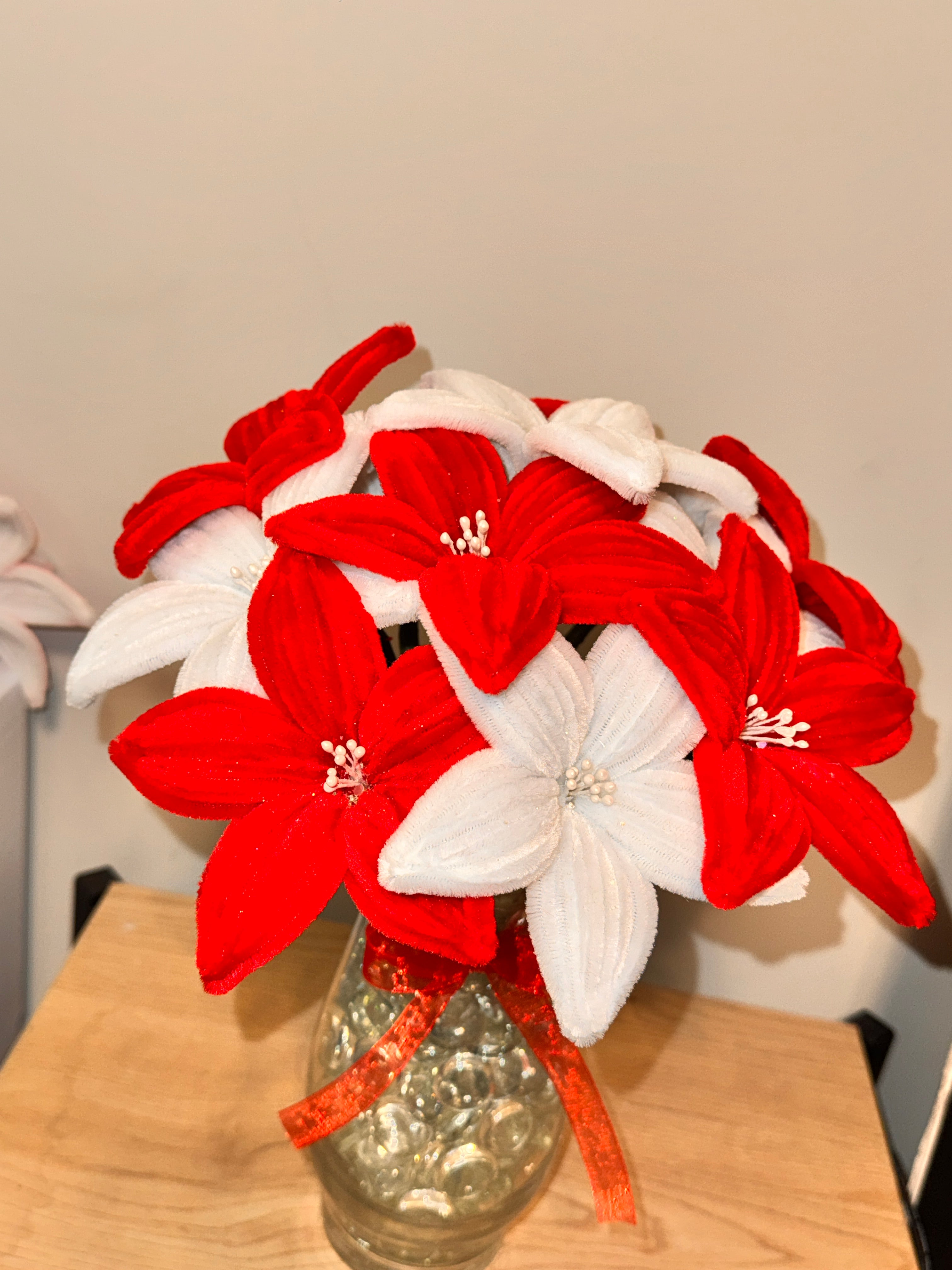 Red & White Lily Arrangement in Glass Vase